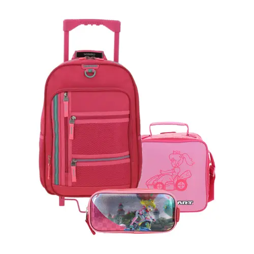 Kit Escolar Chenson Clásico Rosa (Mochila con Ruedas + Lonchera Mario Bros + Lapicera Mario Bros) | Primaria - Modelo CH66508-276