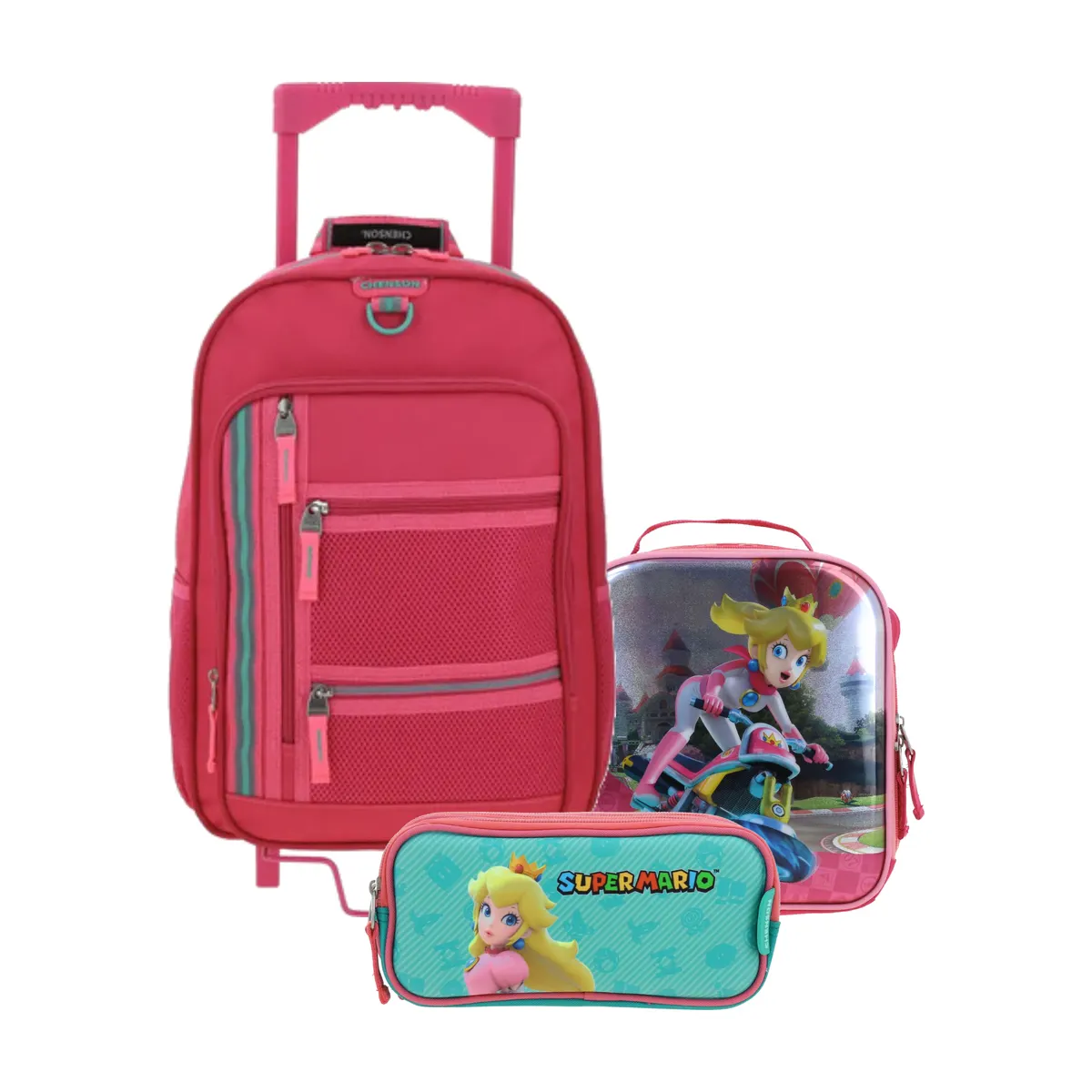 Kit Escolar Chenson Clásico Rosa (Mochila con Ruedas + Lonchera Mario Bros + Lapicera Mario Bros) | Primaria - Modelo CH66508-277