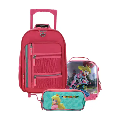 Kit Escolar Chenson Clásico Rosa (Mochila con Ruedas + Lonchera Mario Bros + Lapicera Mario Bros) | Primaria - Modelo CH66508-277
