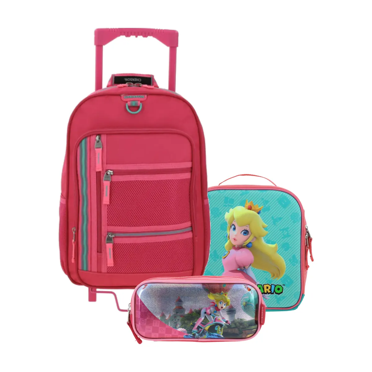 Kit Escolar Chenson Clásico Rosa (Mochila con Ruedas + Lonchera Mario Bros + Lapicera Mario Bros) | Primaria - Modelo CH66508-350