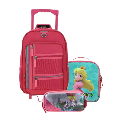 Kit Escolar Chenson Clásico Rosa (Mochila con Ruedas + Lonchera Mario Bros + Lapicera Mario Bros) | Primaria - Modelo CH66508-350