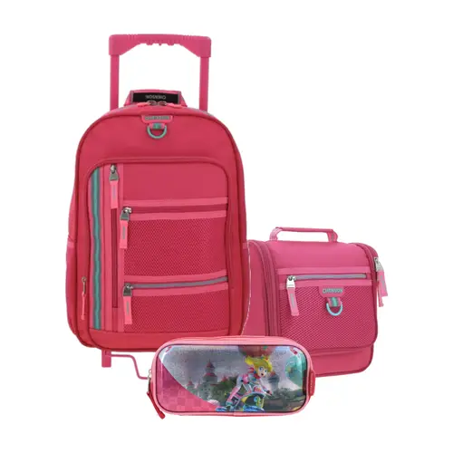 Kit Escolar Chenson Clásico Rosa (Mochila con Ruedas + Lonchera + Lapicera Mario Bros) | Primaria