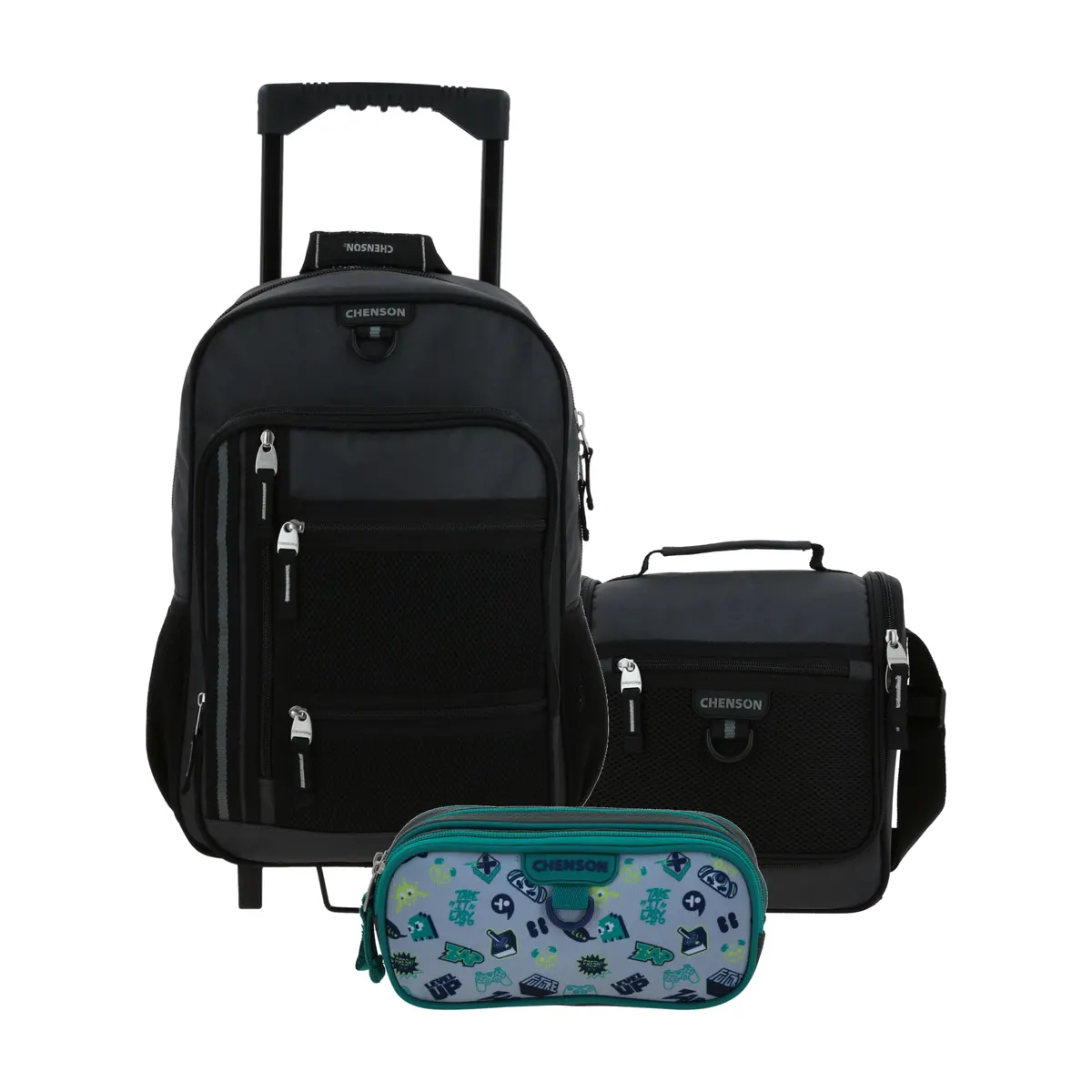 Kit Escolar Chenson Clásico Gris (Mochila con Ruedas + Lonchera + Lapicera) | Primaria - Modelo CH70933-931