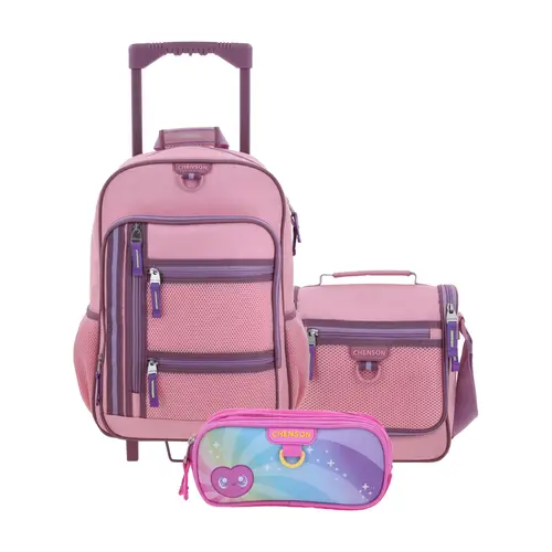 Kit Escolar Chenson Clásico Rosa (Mochila con Ruedas + Lonchera + Lapicera) | Primaria - Modelo CH70933-931