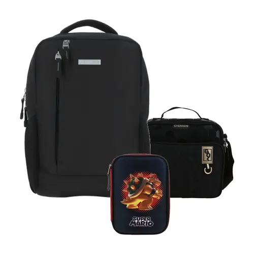 Kit Chenson Pro Negro (Mochila + Lonchera Chenson Original + Lapicera Mario Bros) | Profesional