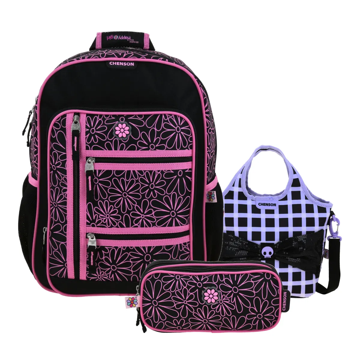 Kit Escolar Happy Girl by Chenson Negro (Mochila + Lonchera + Lapicera) | Primaria - Modelo HG70939-875