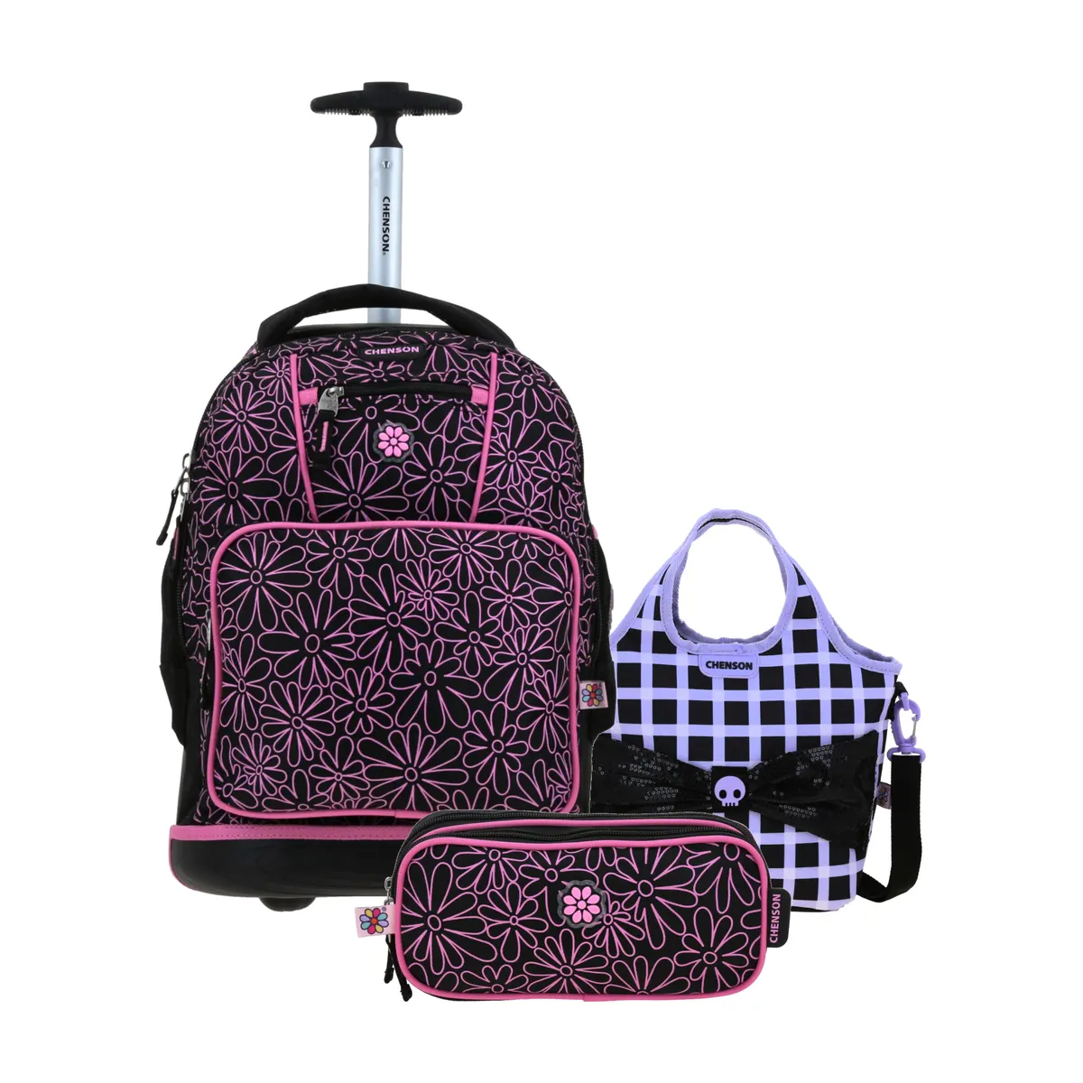 Kit Escolar Happy Girl by Chenson Negro (Mochila con Ruedas + Lonchera + Lapicera) | Primaria