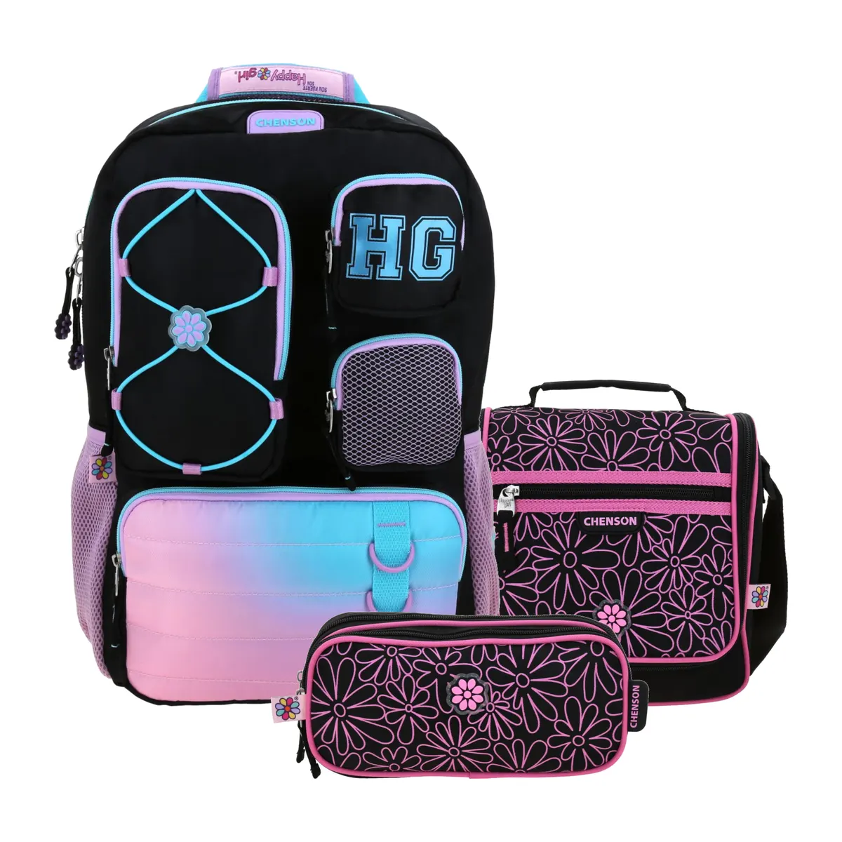 Kit Escolar Happy Girl by Chenson Negro (Mochila + Lonchera + Lapicera) | Primaria - Modelo HG70962-940