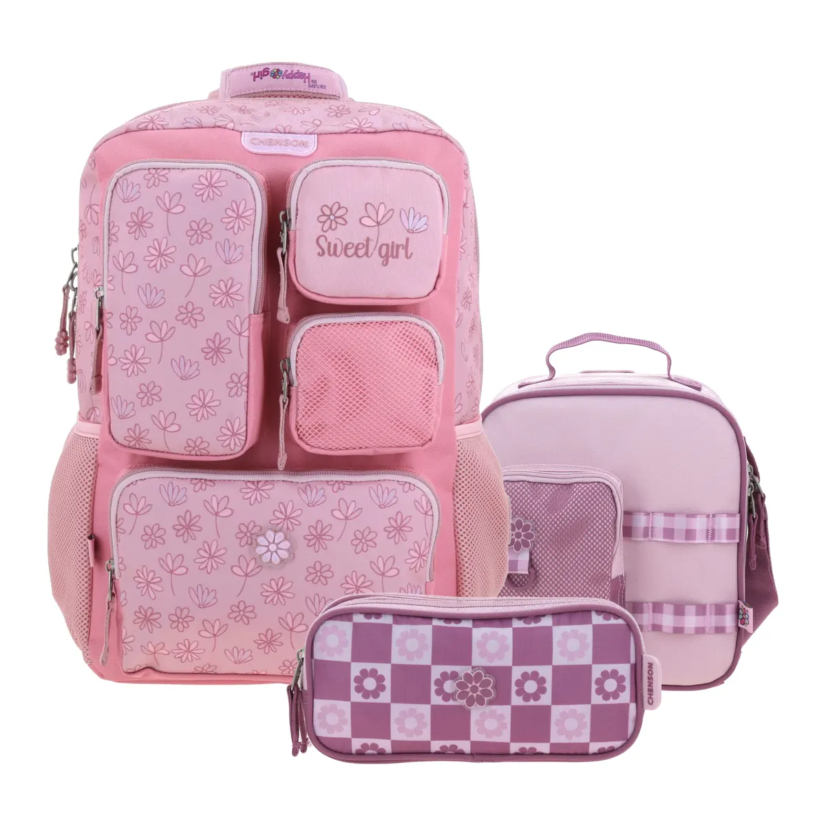 Kit Escolar Happy Girl by Chenson Rosa (Mochila + Lonchera + Lapicera) | Primaria - Modelo HG71204-898
