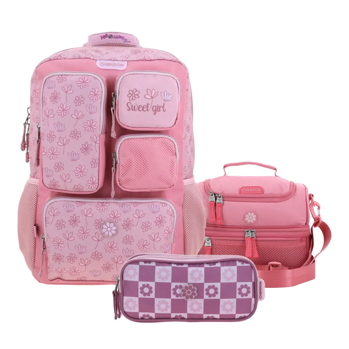Kit Escolar Happy Girl by Chenson Rosa (Mochila + Lonchera + Lapicera) | Primaria - Modelo HG71204-915