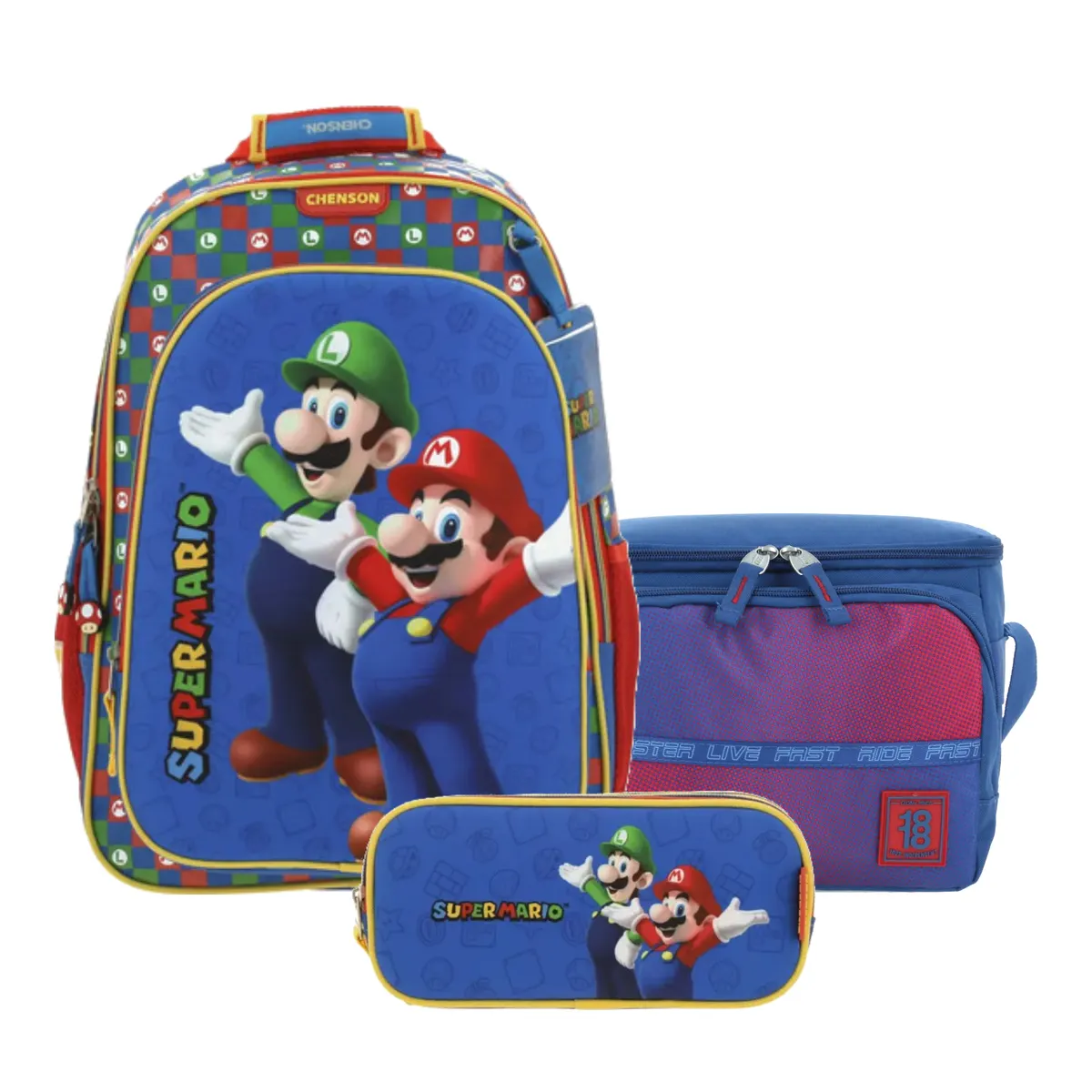 Kit Escolar Mario Bros by Chenson Azul (Mochila + Lonchera 1818 + Lapicera) | Primaria - Modelo MB65967-034