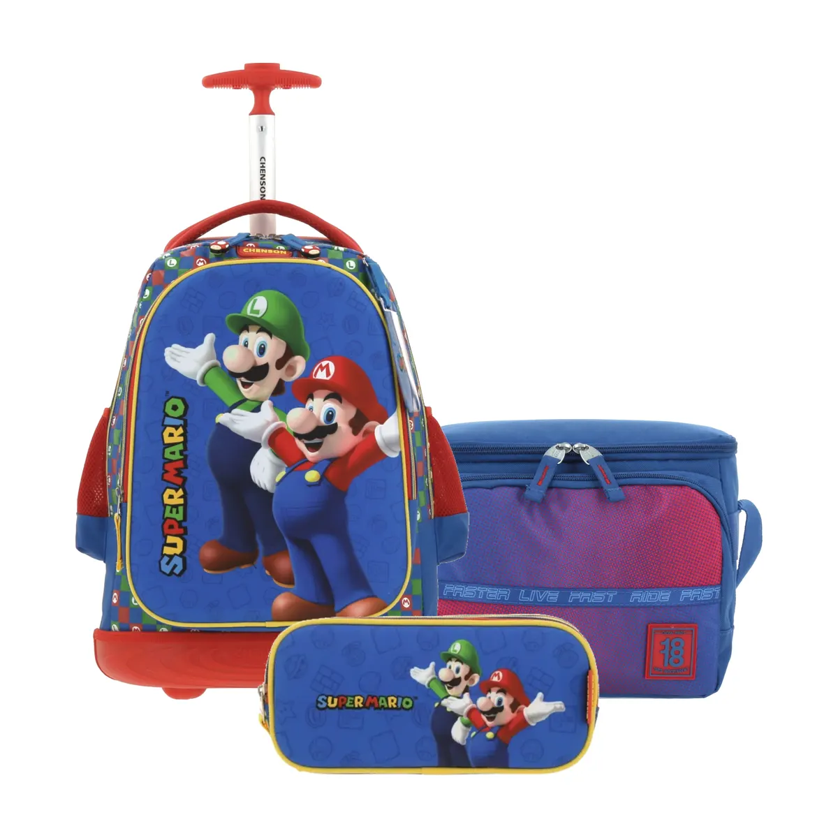 Kit Escolar Mario Bros by Chenson Azul (Mochila con Ruedas + Lonchera 1818 + Lapicera) | Primaria - Modelo MB65971-034