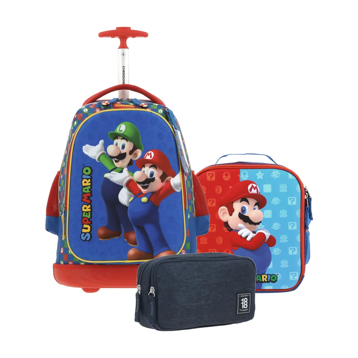 Kit Escolar Mario Bros by Chenson Azul (Mochila con Ruedas + Lonchera + Lapicera 1818) | Primaria