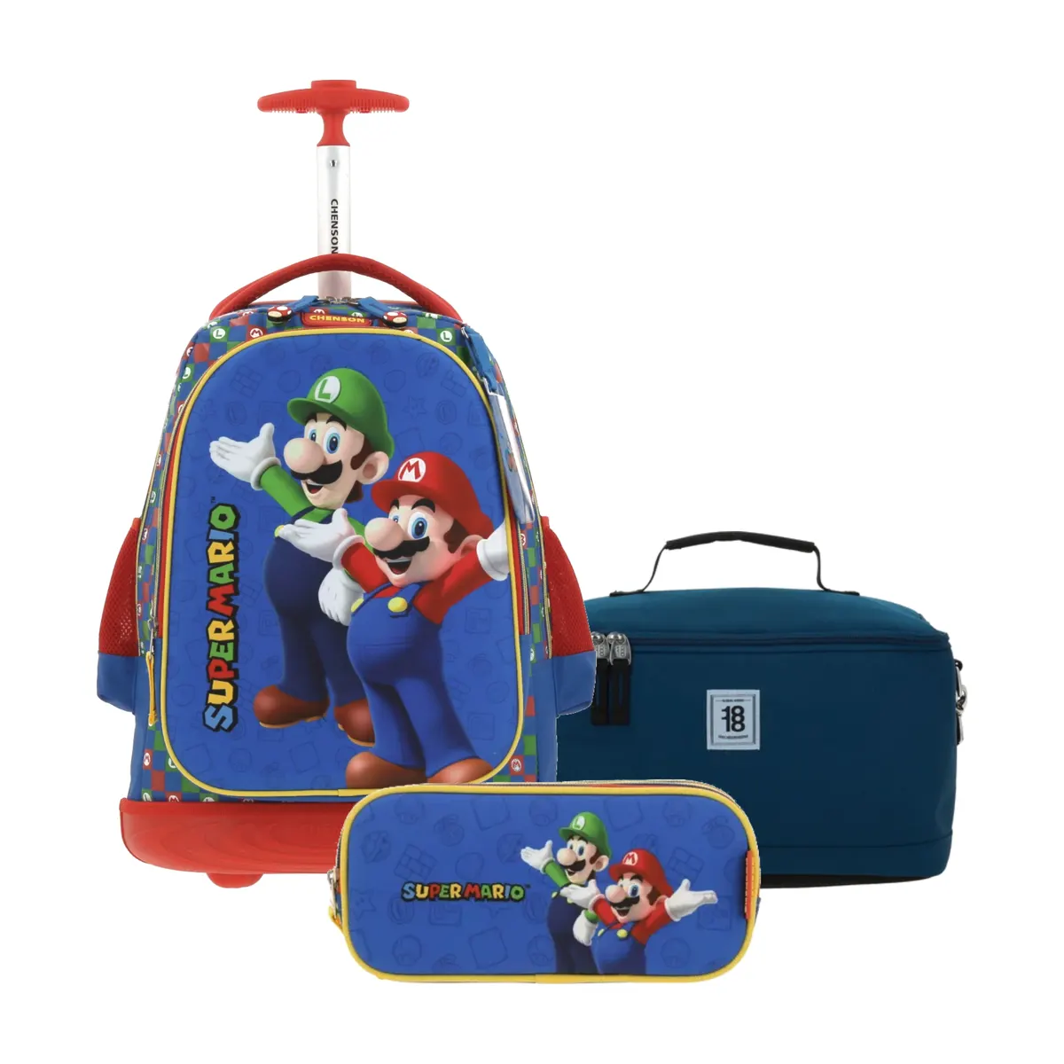 Kit Escolar Mario Bros by Chenson Azul (Mochila con Ruedas + Lonchera 1818 + Lapicera) | Primaria - Modelo MB65971-137