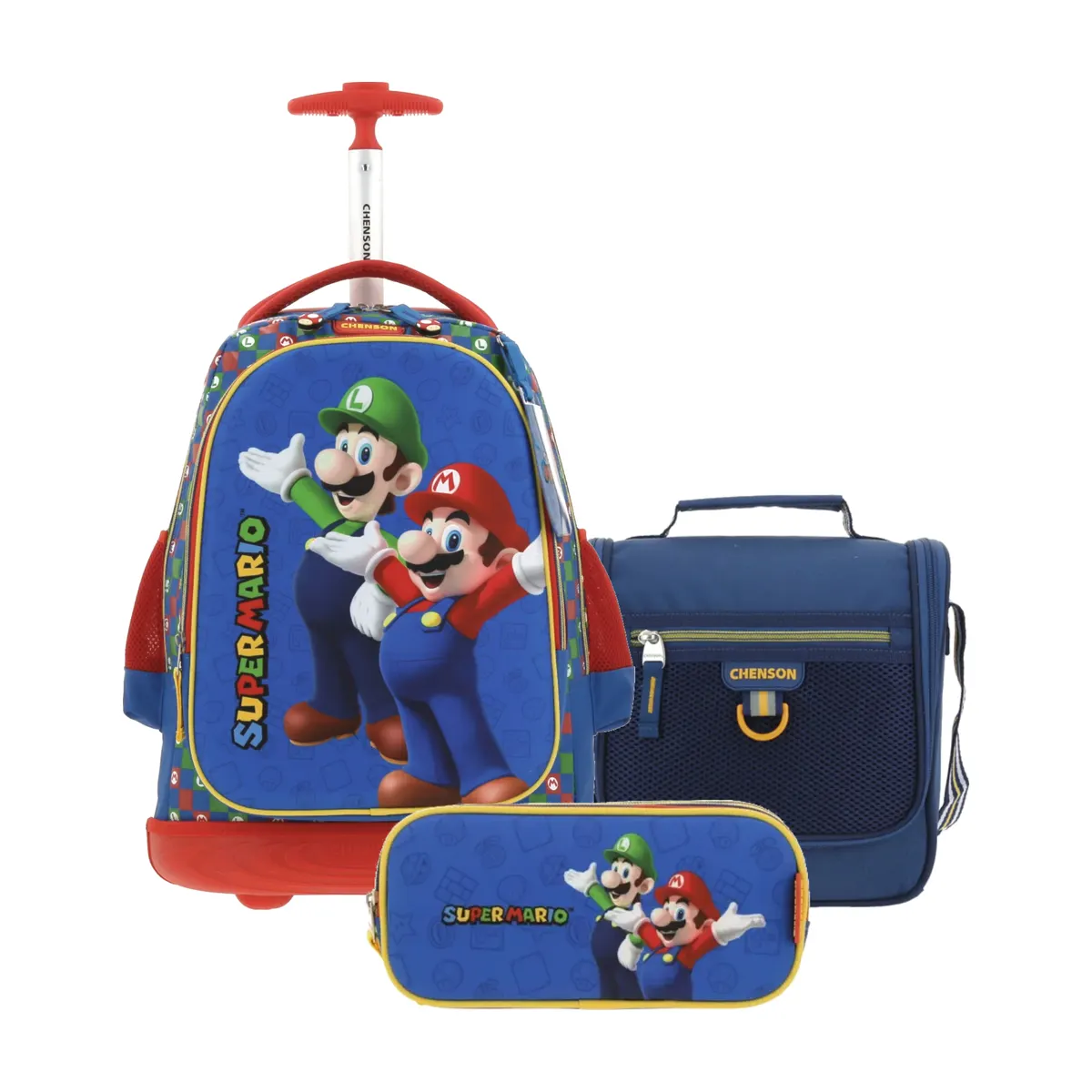Kit Escolar Mario Bros by Chenson Azul (Mochila con Ruedas + Lonchera Chenson Clásico + Lapicera) | Primaria