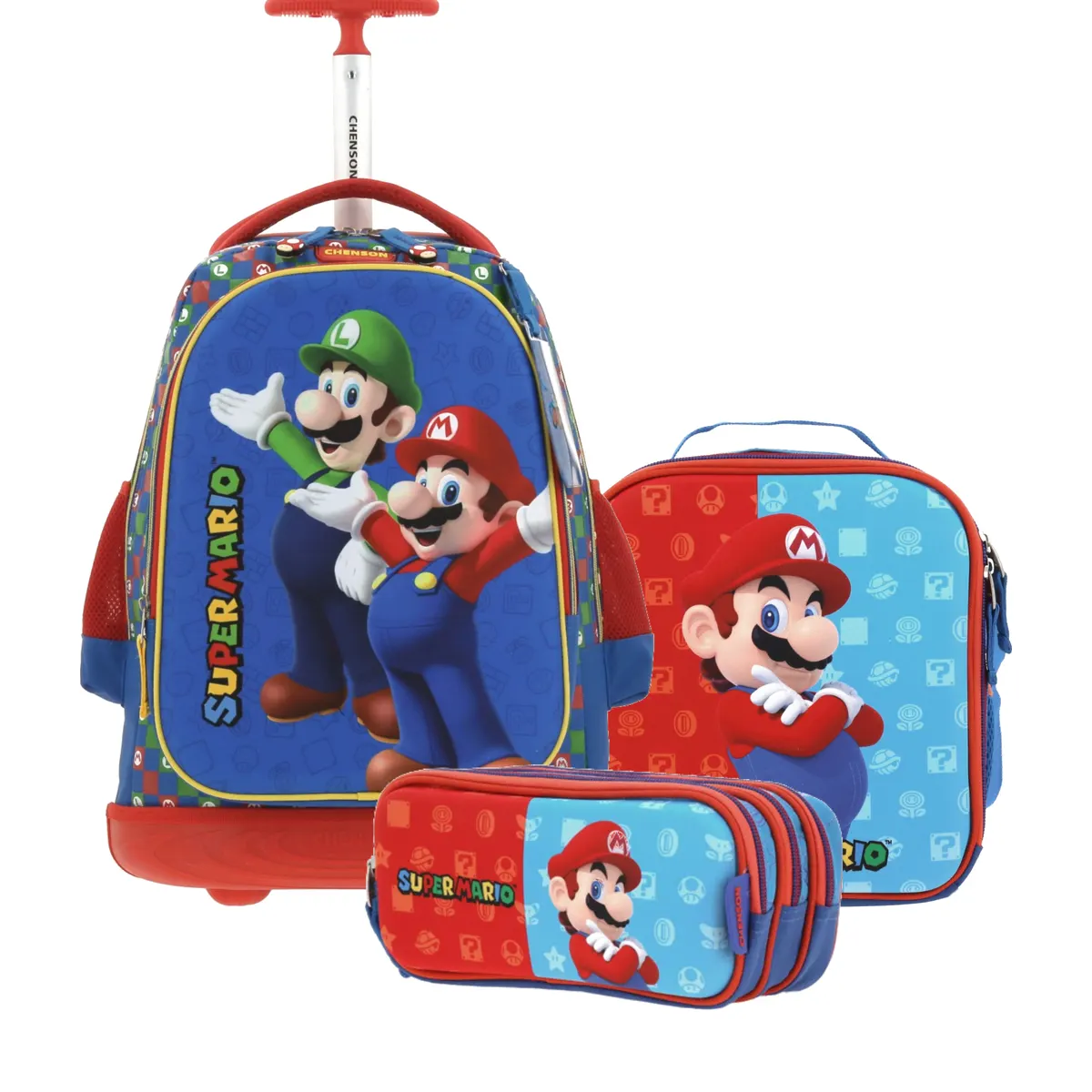 Kit Escolar Mario Bros by Chenson Azul (Mochila con Ruedas + Lonchera + Lapicera) | Primaria - Modelo MB65971-557