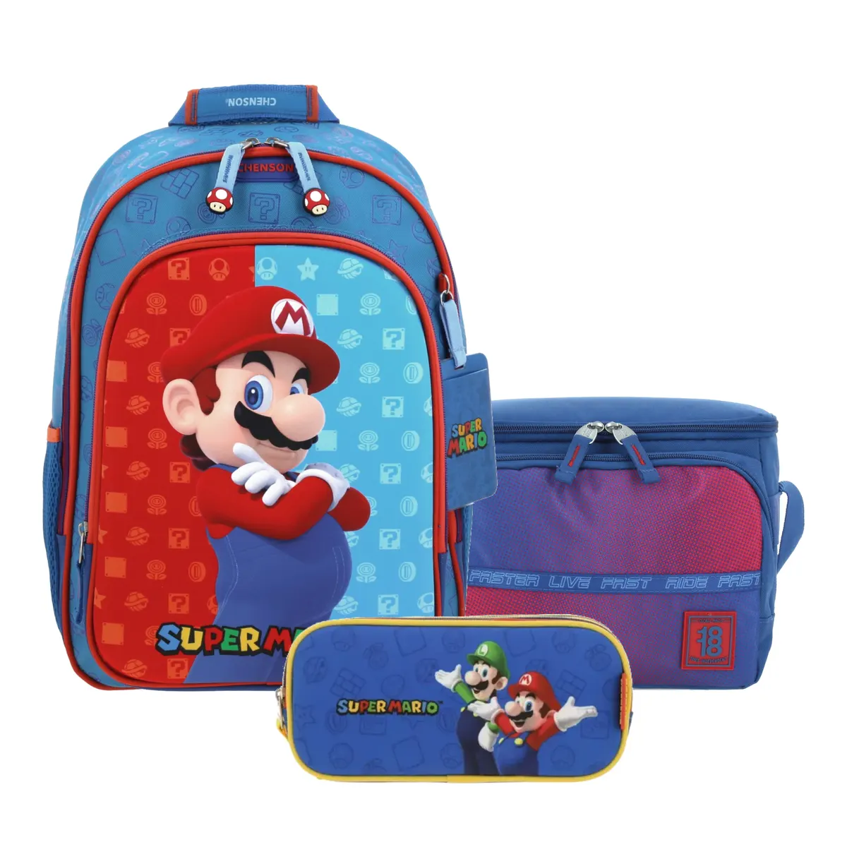 Kit Escolar Mario Bros by Chenson Azul (Mochila + Lonchera 1818 + Lapicera) | Primaria - Modelo MB66078-034