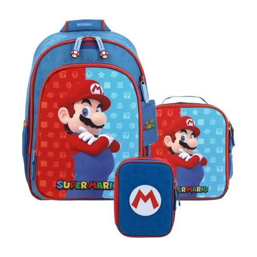 Kit Escolar Mario Bros by Chenson Azul (Mochila + Lonchera + Lapicera) | Primaria - Modelo MB66078-079