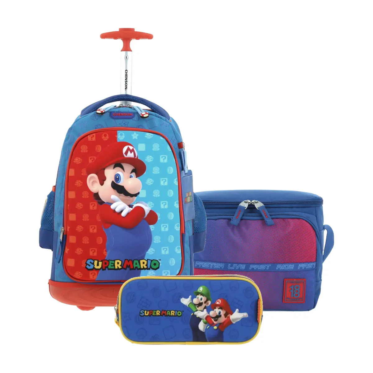 Kit Escolar Mario Bros by Chenson Azul (Mochila con Ruedas + Lonchera 1818 + Lapicera) | Primaria - Modelo MB66083-034