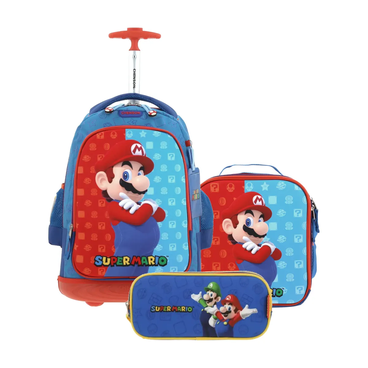 Kit Escolar Mario Bros by Chenson Azul (Mochila con Ruedas + Lonchera + Lapicera) | Primaria - Modelo MB66083-079