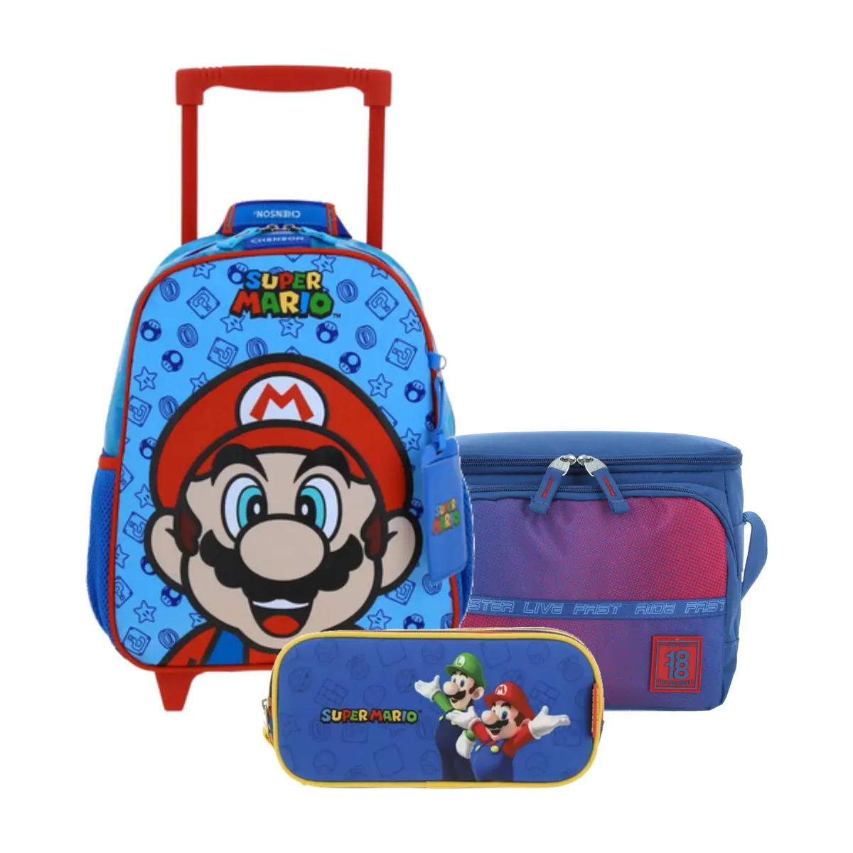 Kit Escolar Mario Bros by Chenson Azul (Mochila con Ruedas + Lonchera 1818 + Lapicera) | Preescolar