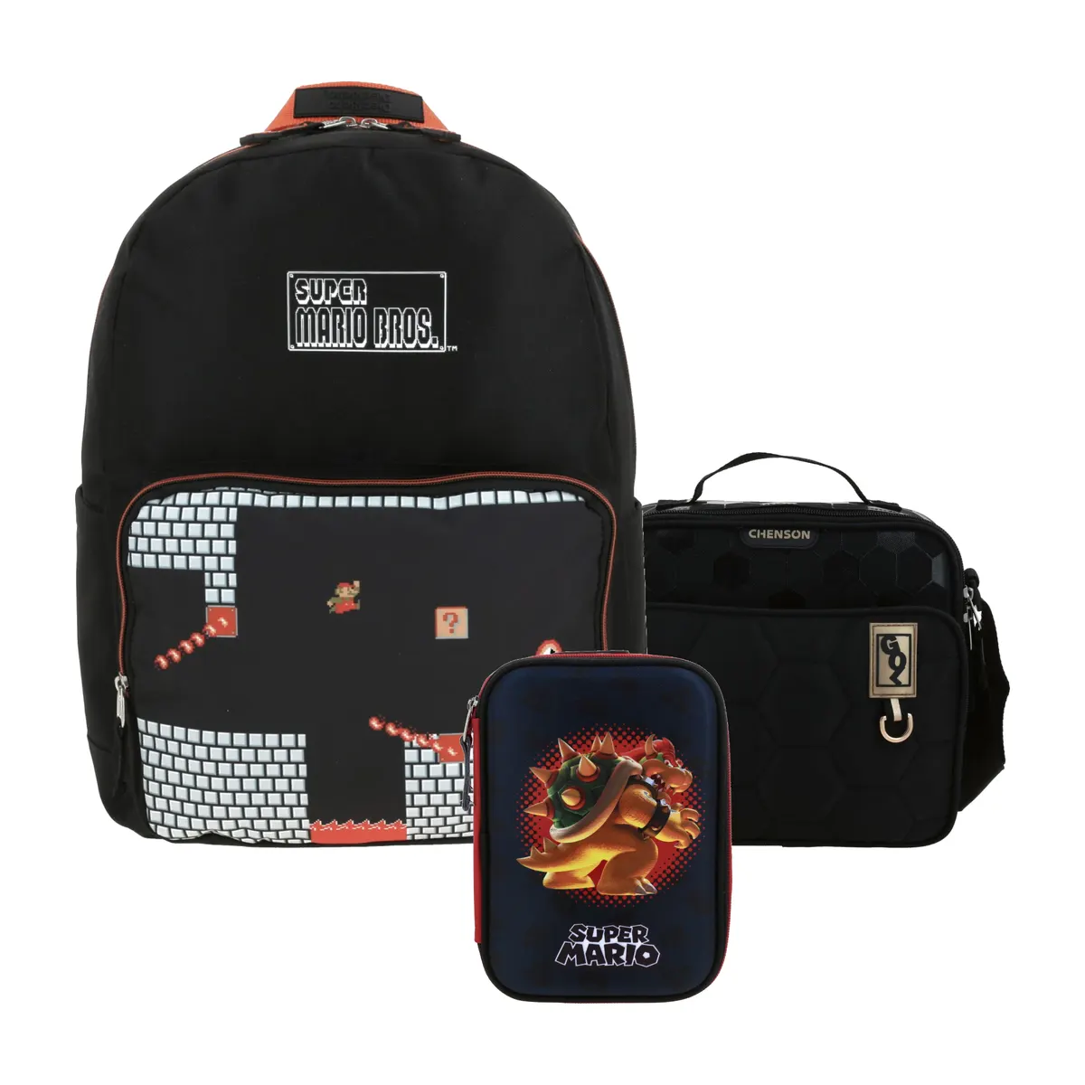 Kit Escolar Mario Bros by Chenson Negro (Mochila + Lonchera Chenson Original + Lapicera) | Primaria y secundaria - Modelo MB66156-199