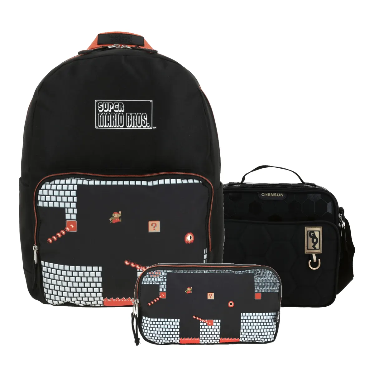 Kit Escolar Mario Bros by Chenson Negro (Mochila + Lonchera Chenson Original + Lapicera) | Primaria y secundaria - Modelo MB66156-201