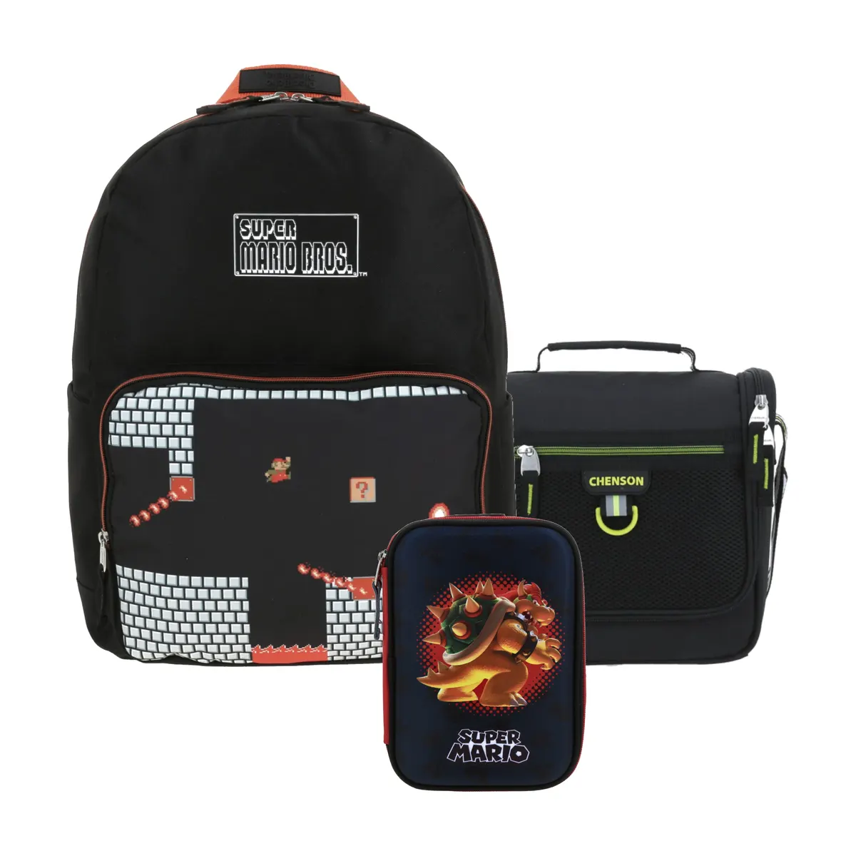Kit Escolar Mario Bros by Chenson Negro (Mochila + Lonchera Chenson Clásico + Lapicera) | Primaria y secundaria