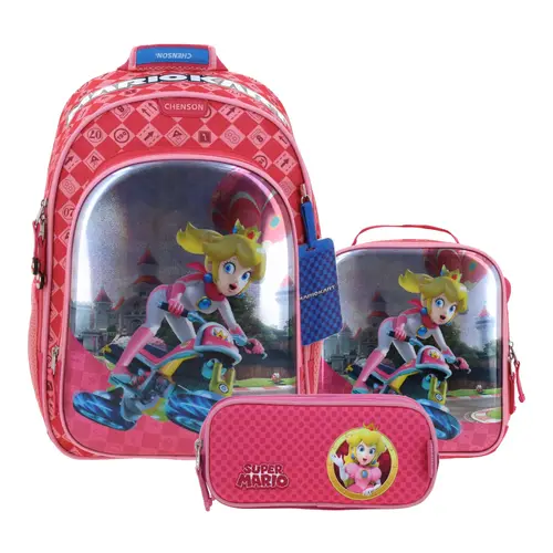 Kit Escolar Mario Bros by Chenson Rosa (Mochila + Lonchera + Lapicera) | Primaria - Modelo MB66275-277