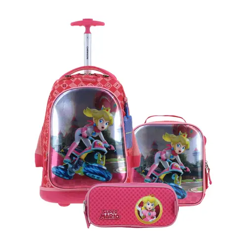 Kit Escolar Mario Bros by Chenson Rosa (Mochila con Ruedas + Lonchera + Lapicera) | Primaria - Modelo MB66278-277