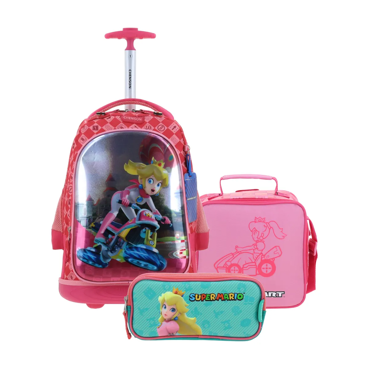 Kit Escolar Mario Bros by Chenson Rosa (Mochila con Ruedas + Lonchera + Lapicera) | Primaria - Modelo MB66278-349