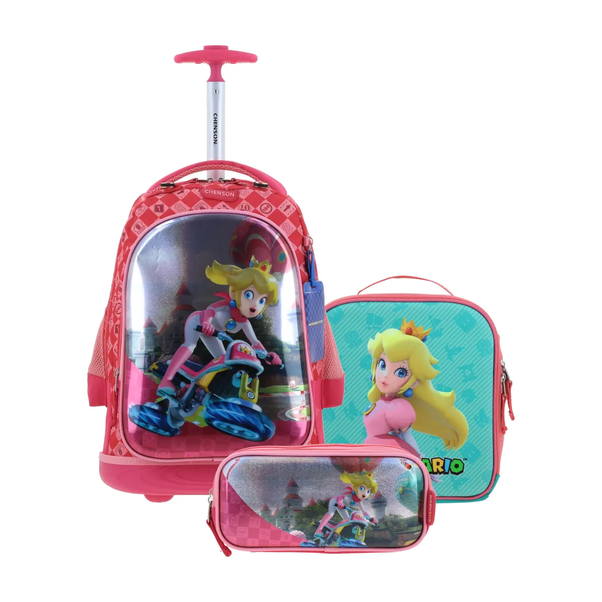 Kit Escolar Mario Bros by Chenson Rosa (Mochila con Ruedas + Lonchera + Lapicera) | Primaria - Modelo MB66278-350