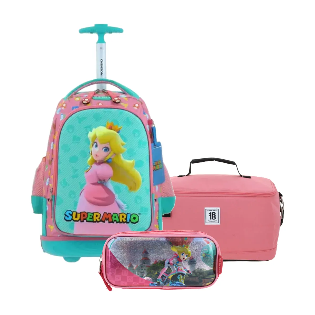Kit Escolar Mario Bros by Chenson Rosa (Mochila con Ruedas + Lonchera 1818 + Lapicera) | Primaria - Modelo MB66503-137