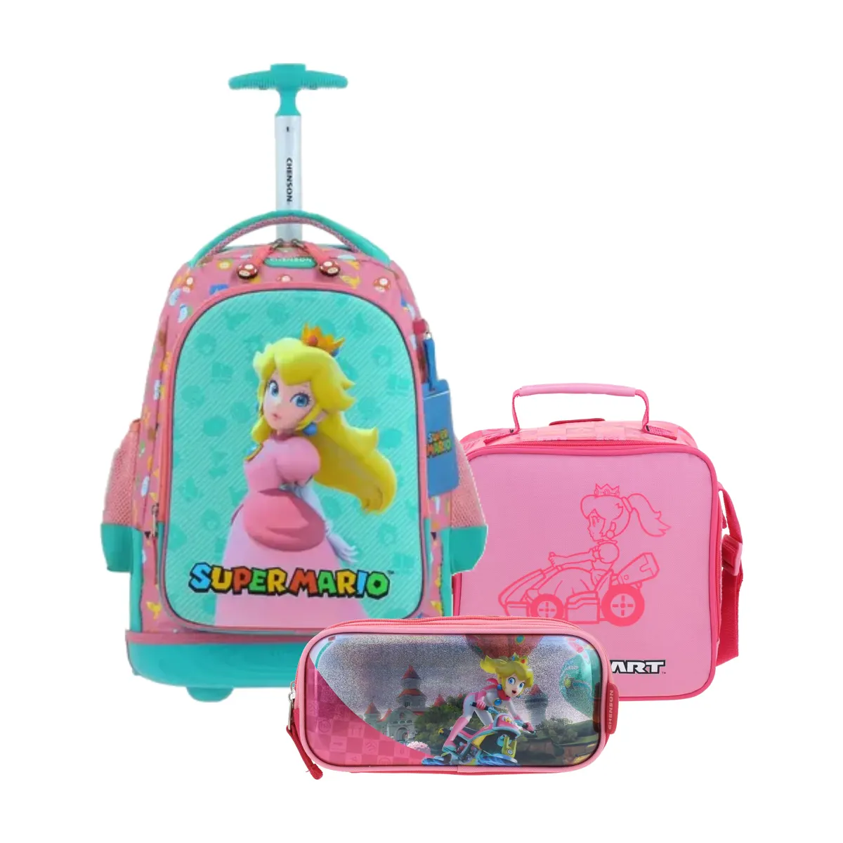 Kit Escolar Mario Bros by Chenson Rosa (Mochila con Ruedas + Lonchera + Lapicera) | Primaria - Modelo MB66503-276