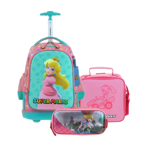 Kit Escolar Mario Bros by Chenson Rosa (Mochila con Ruedas + Lonchera + Lapicera) | Primaria - Modelo MB66503-276