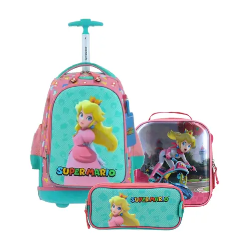 Kit Escolar Mario Bros by Chenson Rosa (Mochila con Ruedas + Lonchera + Lapicera) | Primaria - Modelo MB66503-277