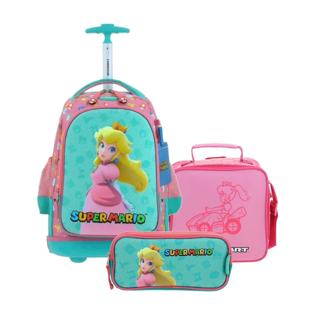 Kit Escolar Mario Bros by Chenson Rosa (Mochila con Ruedas + Lonchera + Lapicera) | Primaria - Modelo MB66503-349