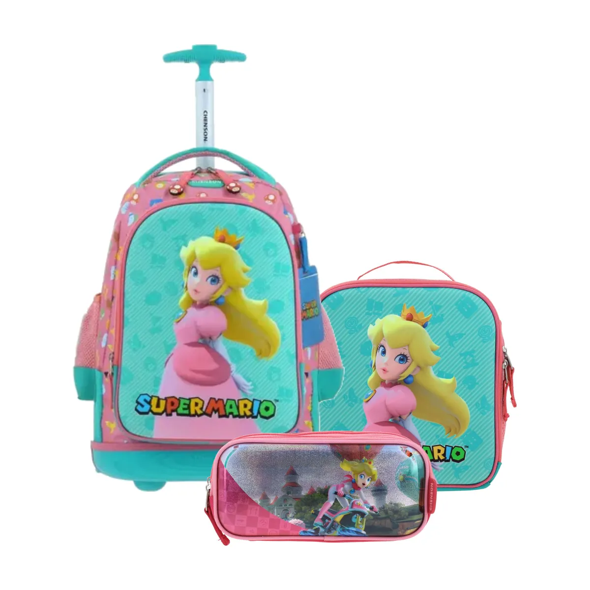 Kit Escolar Mario Bros by Chenson Rosa (Mochila con Ruedas + Lonchera + Lapicera) | Primaria - Modelo MB66503-350