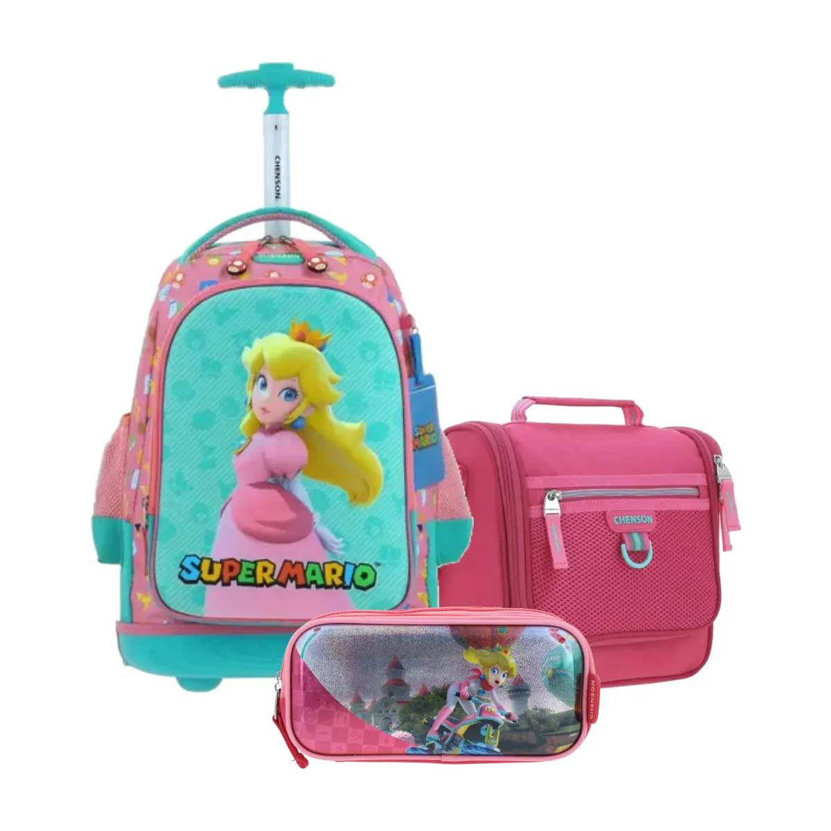 Kit Escolar Mario Bros by Chenson Rosa (Mochila con Ruedas + Lonchera Chenson Clásico + Lapicera) | Primaria - Modelo MB66503-492