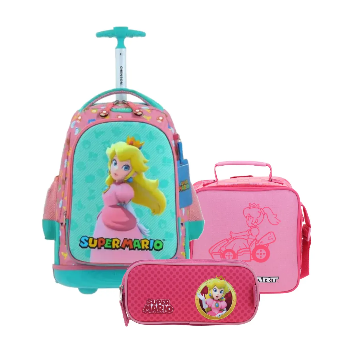 Kit Escolar Mario Bros by Chenson Rosa (Mochila con Ruedas + Lonchera + Lapicera) | Primaria - Modelo MB66503-735