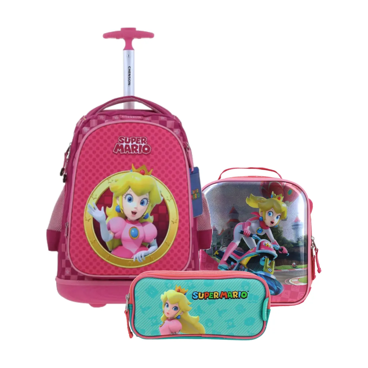Kit Escolar Mario Bros by Chenson Rosa (Mochila con Ruedas + Lonchera + Lapicera) | Primaria - Modelo MB70734-277