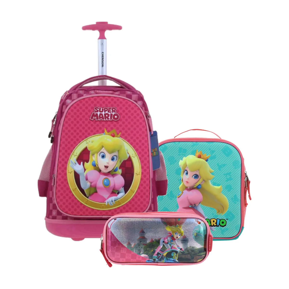 Kit Escolar Mario Bros by Chenson Rosa (Mochila con Ruedas + Lonchera + Lapicera) | Primaria - Modelo MB70734-350
