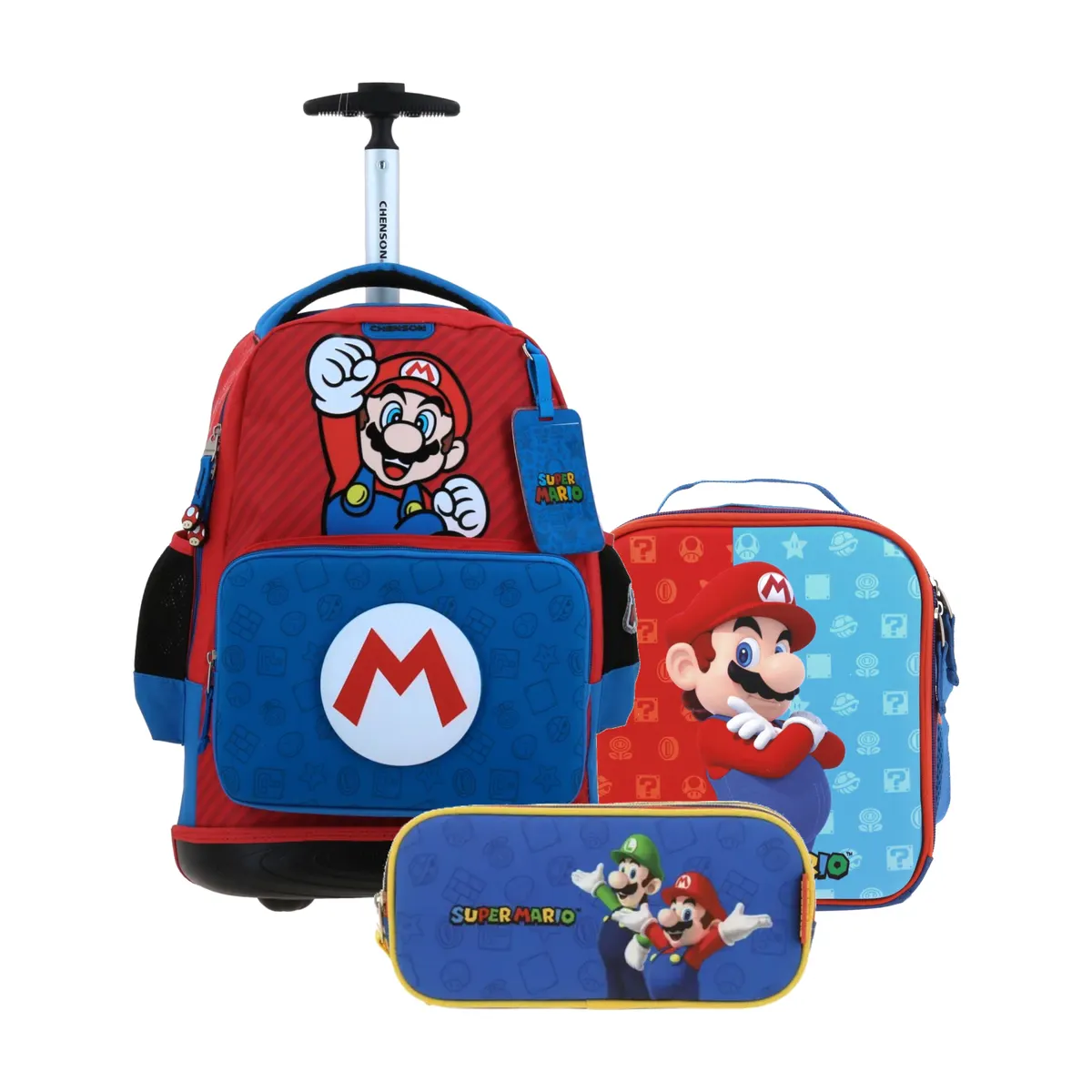 Kit Escolar Mario Bros by Chenson Azul (Mochila con Ruedas + Lonchera + Lapicera) | Primaria - Modelo MB71107-079