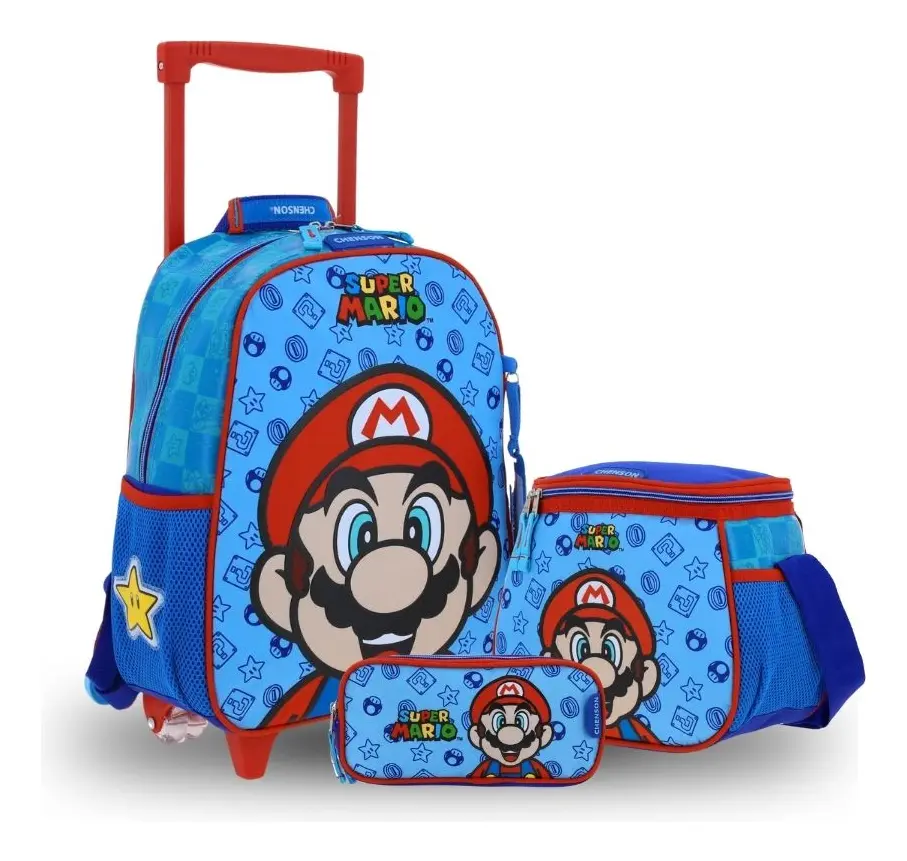 Kit Kinder Prescolar Mario Bros by Chenson (Mochila + Lonchera + Lapicera) infantil