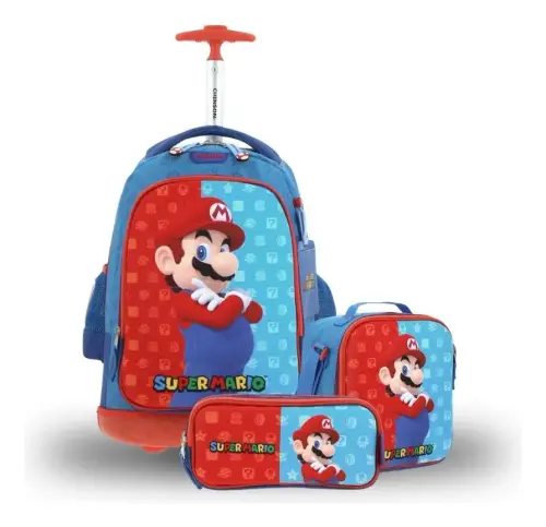 Kit Escolar Mario Bros by Chenson Azul (Mochila con Ruedas + Lonchera + Lapicera) Infantil - Modelo MB66083 1
