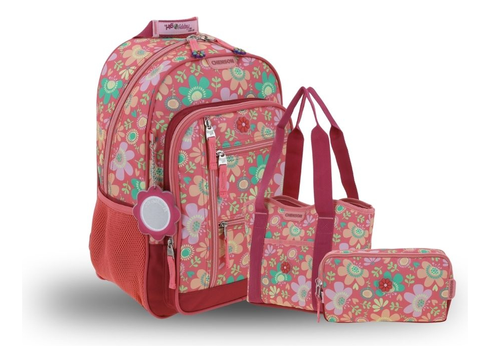 Kit Chenson Mochila Modelo Floris + Lapicera + Lonchera Escolar Niñas