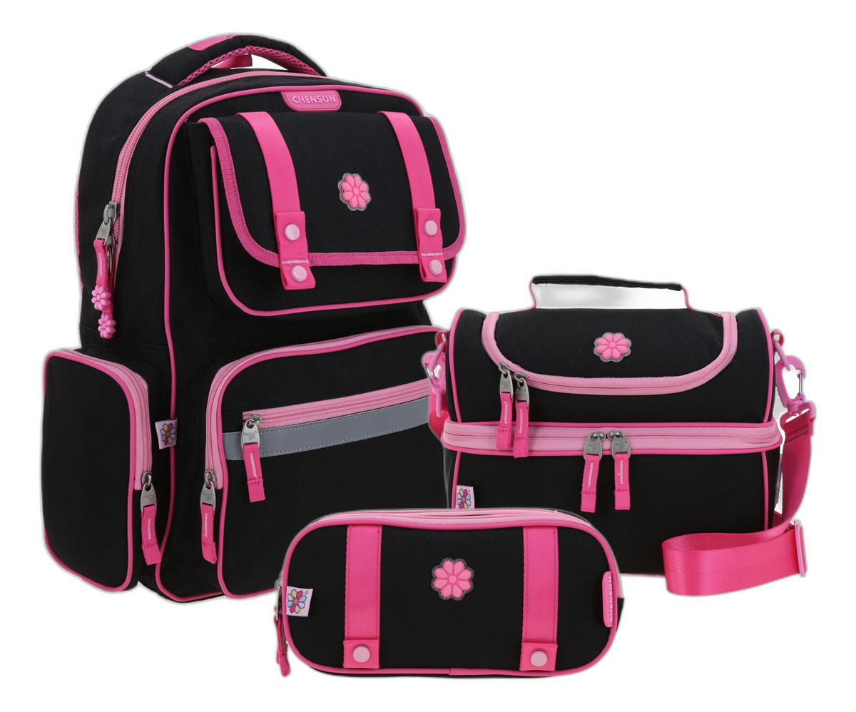 Kit Escolar Chenson Original Mochila Lonchera Y Lapicera Strong Color Negro Y Fucsia
