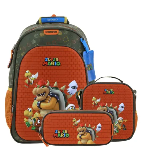 Kit Escolar Mario Bros by Chenson Verde Seco (Mochila + Lonchera + Lapicera) Infantil. 1