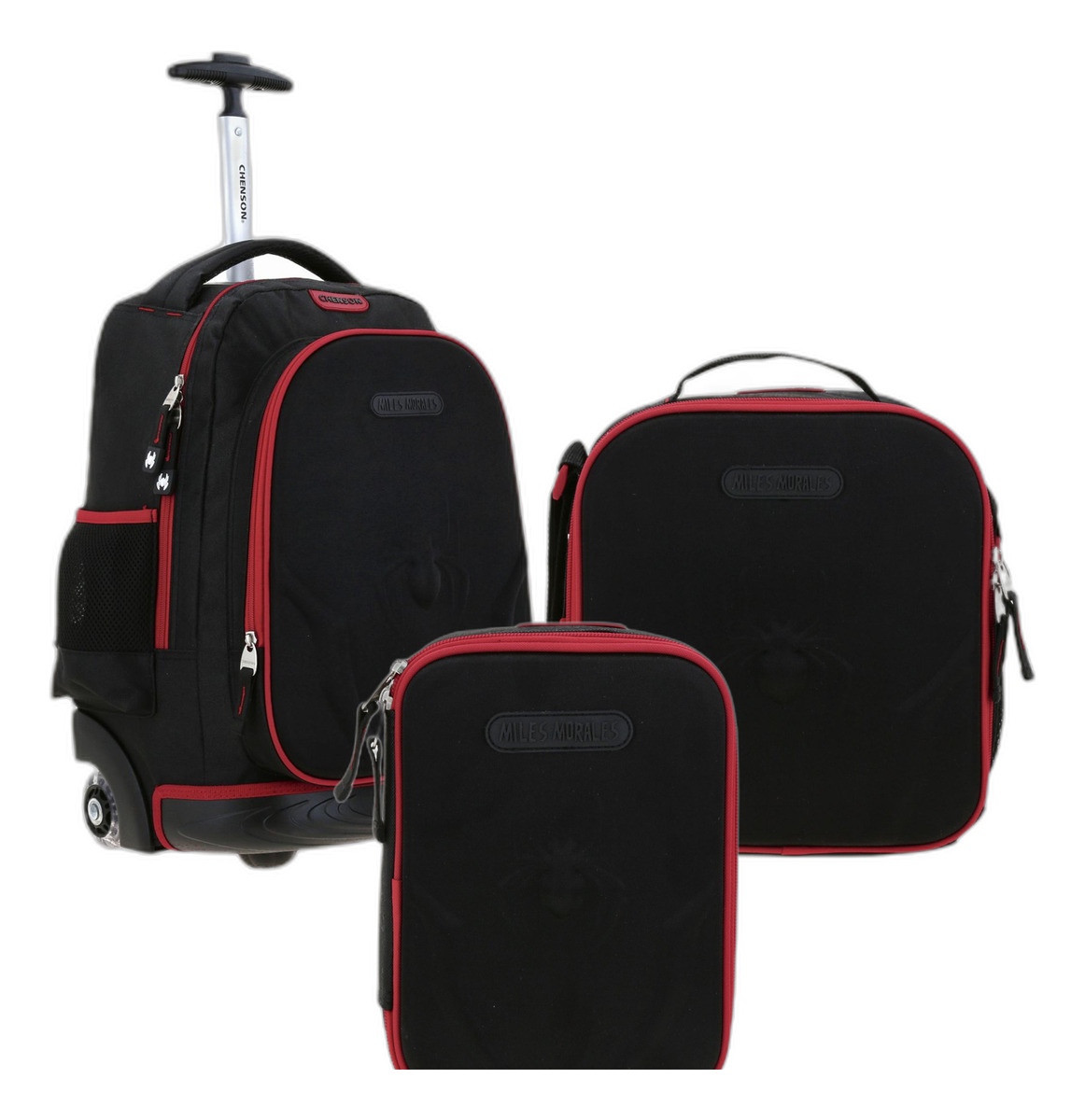 Kit Mochila A Ruedas Lonchera Y Lapicera Chenson Miles Morales Spiderman Negro. Niños Mm70223-kb3