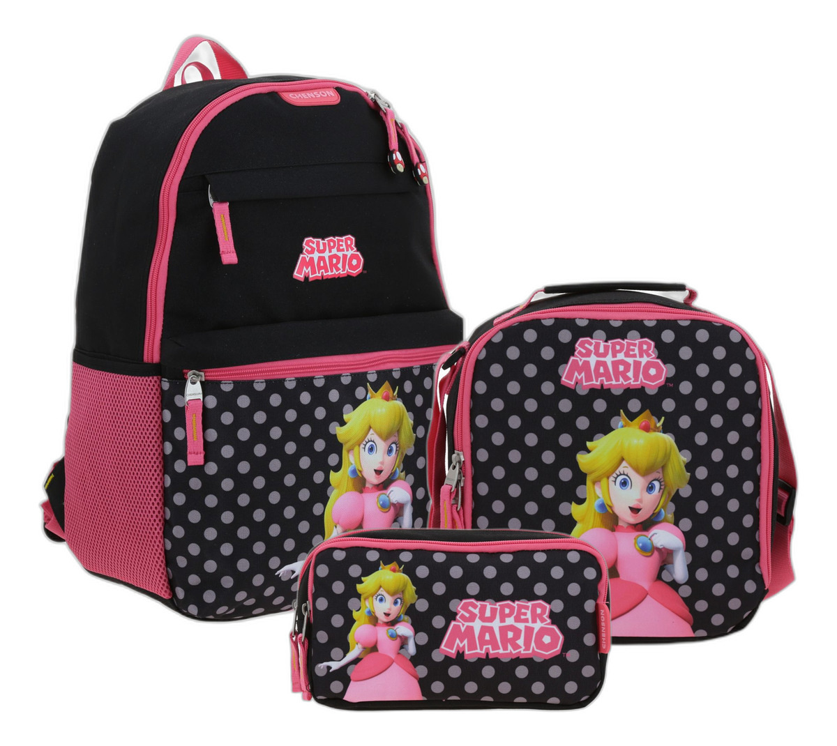 Kit Mochila Lapicera Y Lonchera Chenson Super Mario Loly Peach Negro Y Rosa Escolar Para Niñas